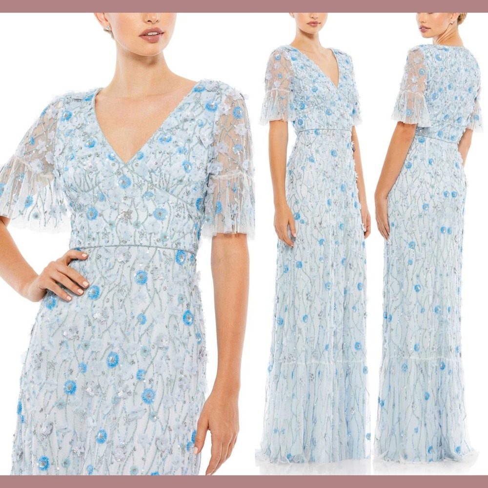 NWT Mac Duggal [ 8 ] 35110 Embellished V Neck Empire Waist Ruffle Hem Gown J1854